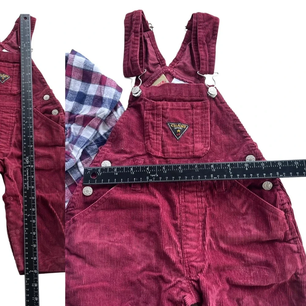 In Design Kids Vintage Sz 18 Months Burgundy Corduroy Overalls Flannel Shirt Set
